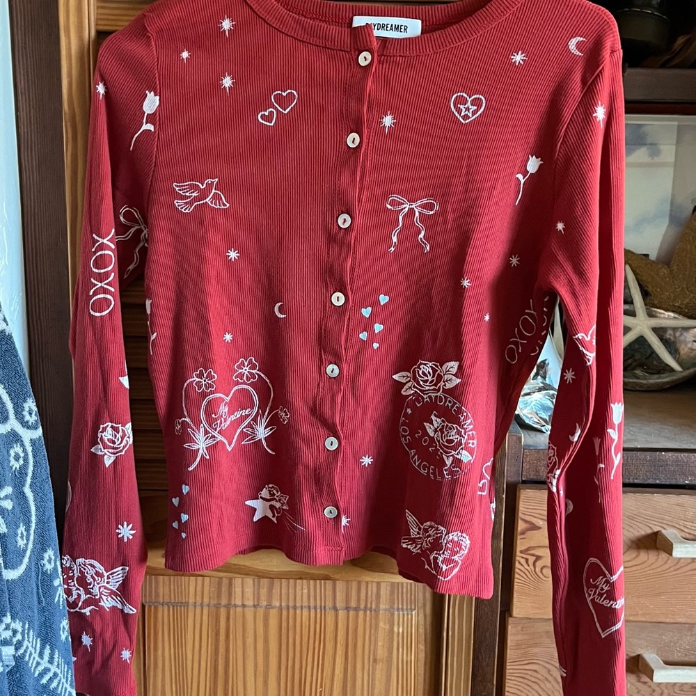 Daydreamer Red Cardigan with White Patterns